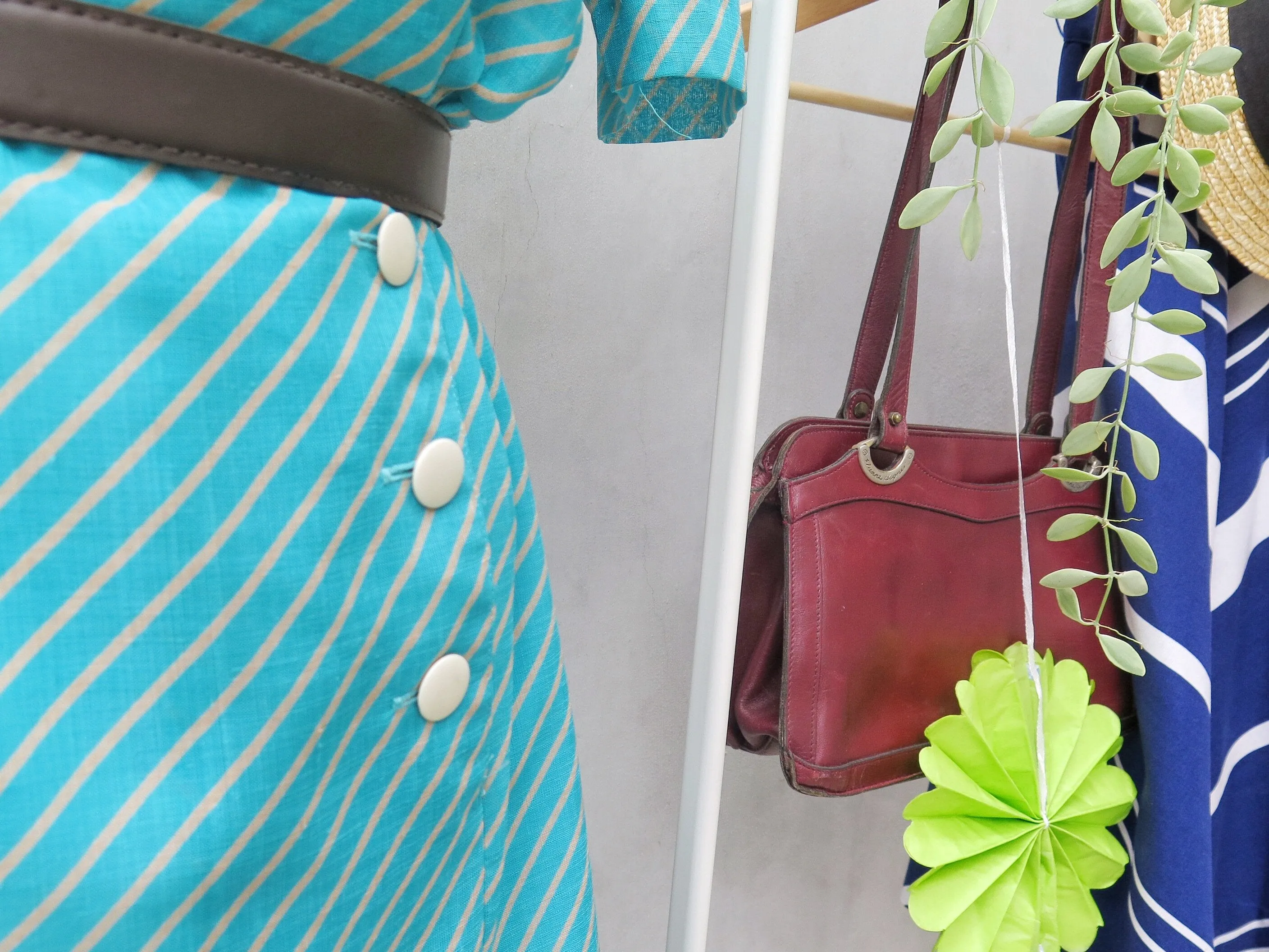 Elyssa | Vintage 1930s 1940s style retro Striped turquoise and white Day dress with Buttons detail