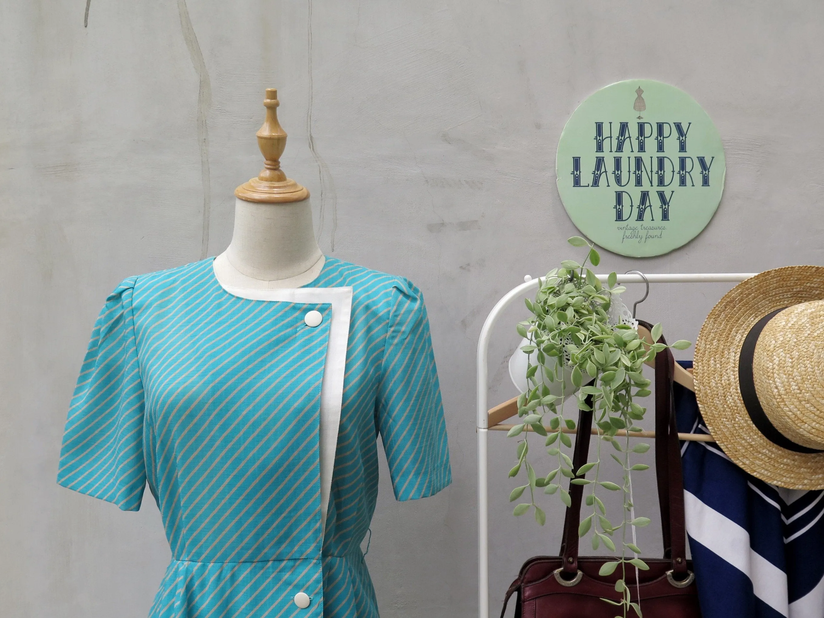 Elyssa | Vintage 1930s 1940s style retro Striped turquoise and white Day dress with Buttons detail