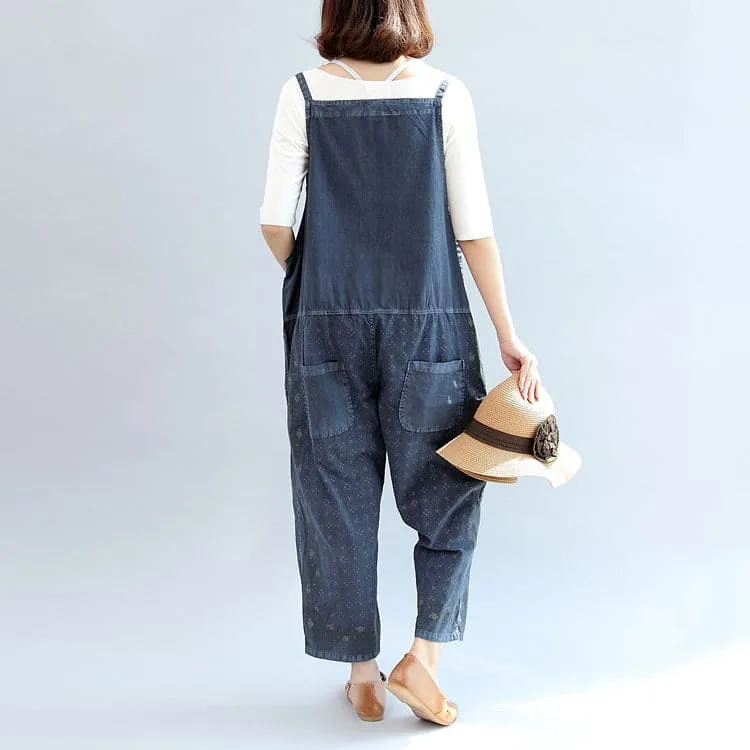 Fall blue print cotton pants plus size jumpsuit pants