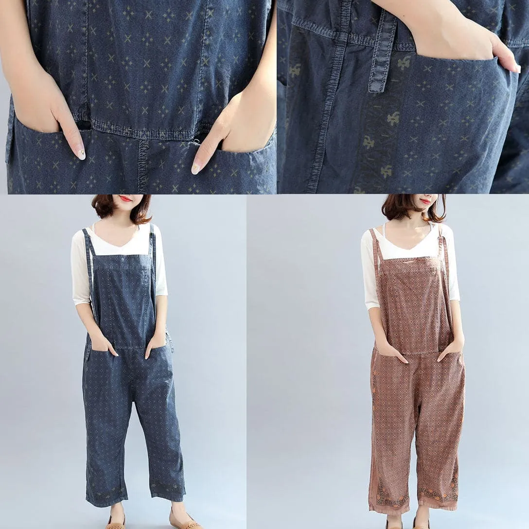 Fall blue print cotton pants plus size jumpsuit pants