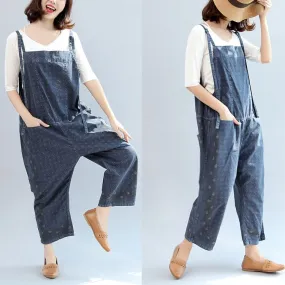 Fall blue print cotton pants plus size jumpsuit pants