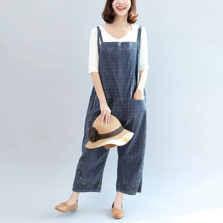 Fall blue print cotton pants plus size jumpsuit pants