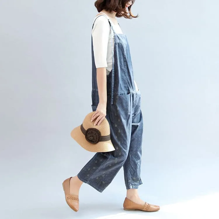 Fall blue print cotton pants plus size jumpsuit pants