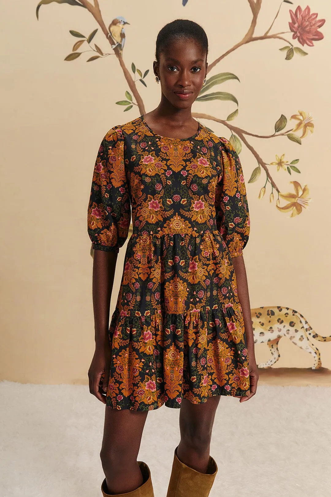 FARM RIO black arabesque floral puff sleeve mini dress