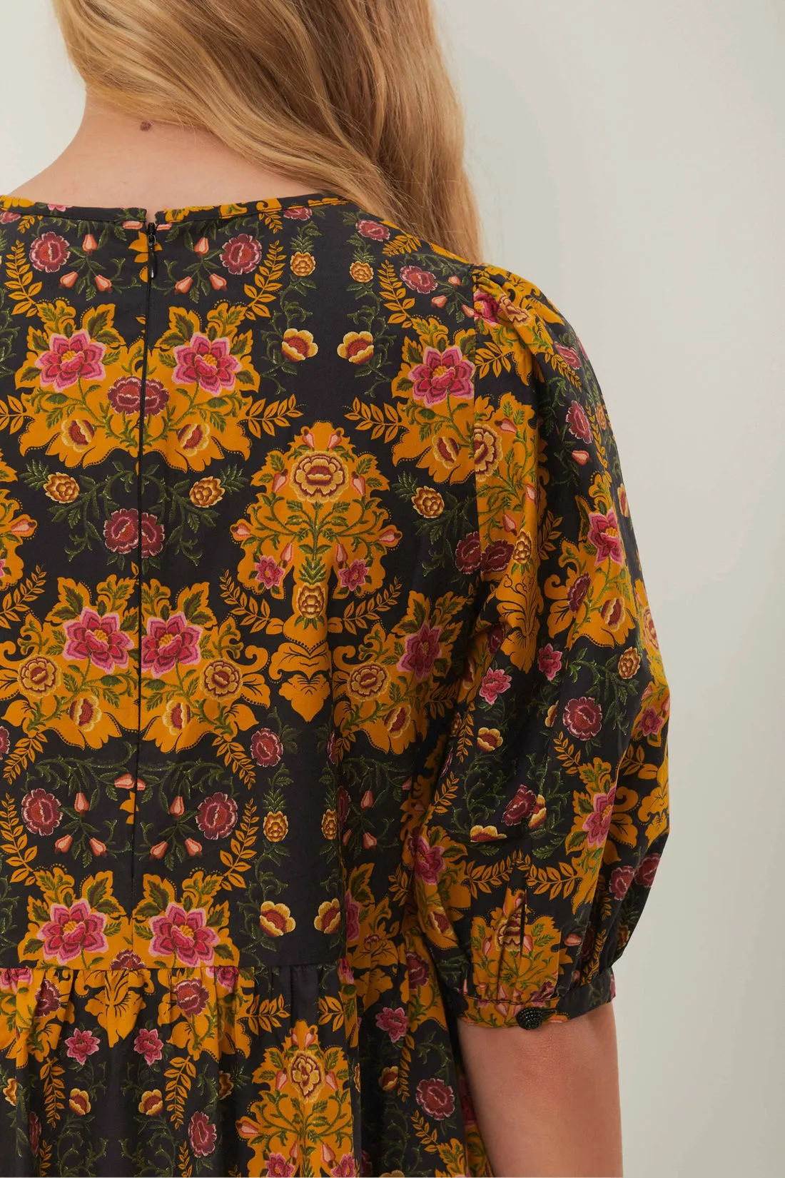 FARM RIO black arabesque floral puff sleeve mini dress