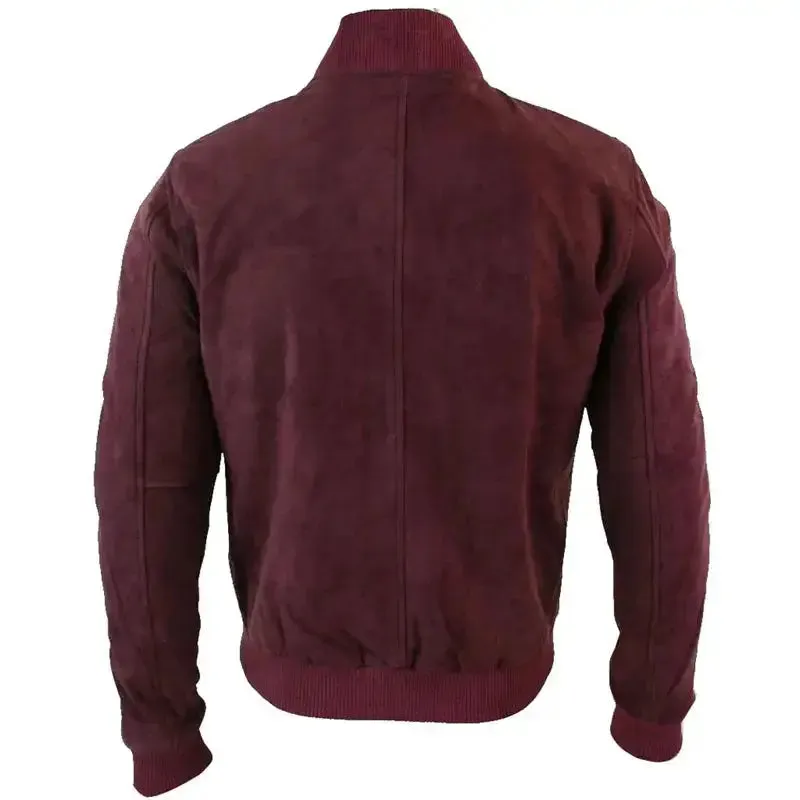 Fashion Buckskin Burgundy Goat Suede Leather Bomber Jacket
