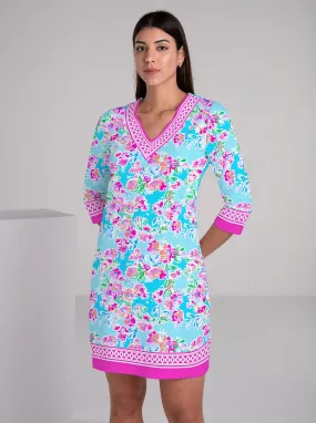 Fenomina Print Cotton Knit 3/4 Sleeve V-Neck Dress