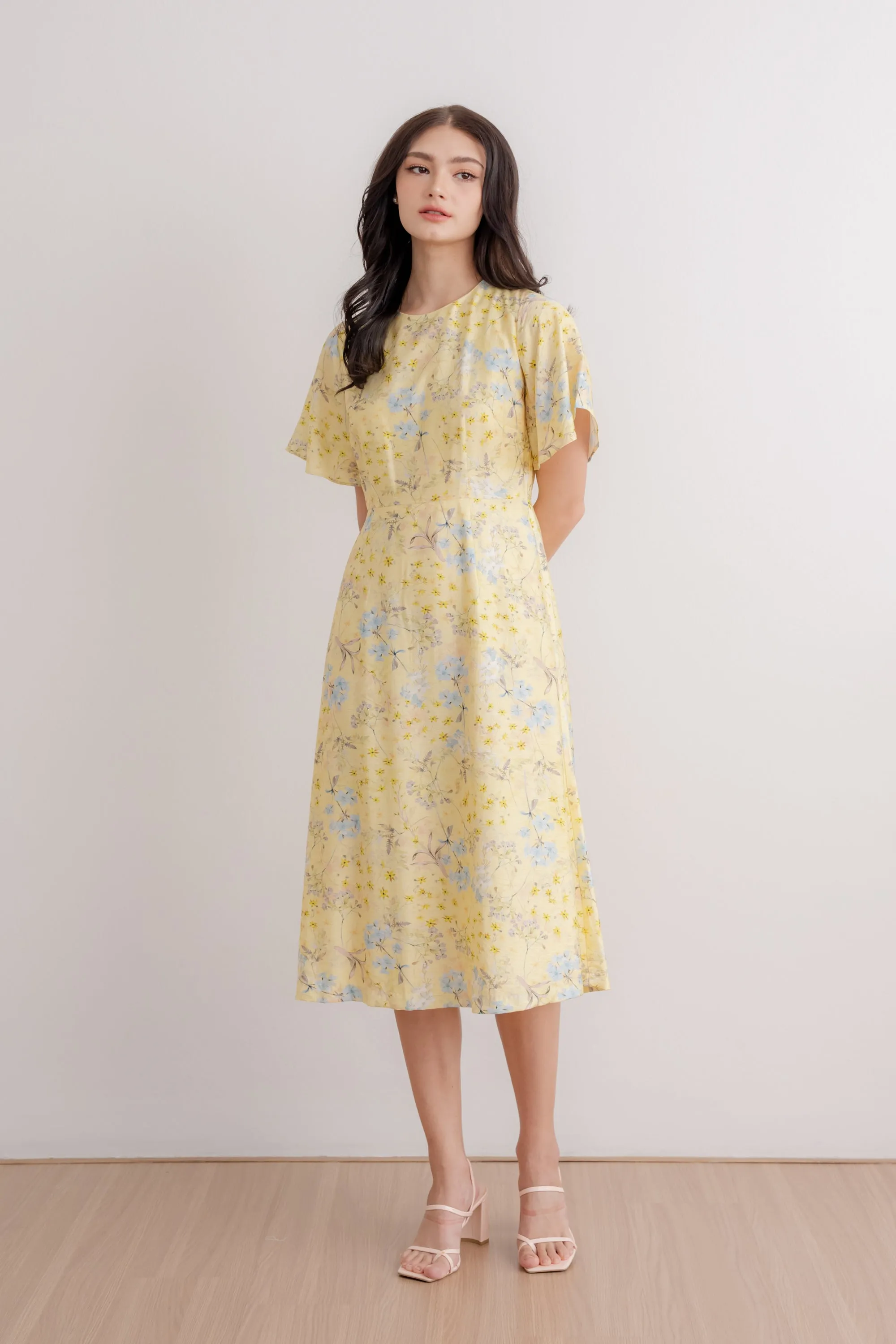 Flutter Sleeve Midi Flare Dress - Yellow Blossom