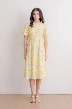Flutter Sleeve Midi Flare Dress - Yellow Blossom