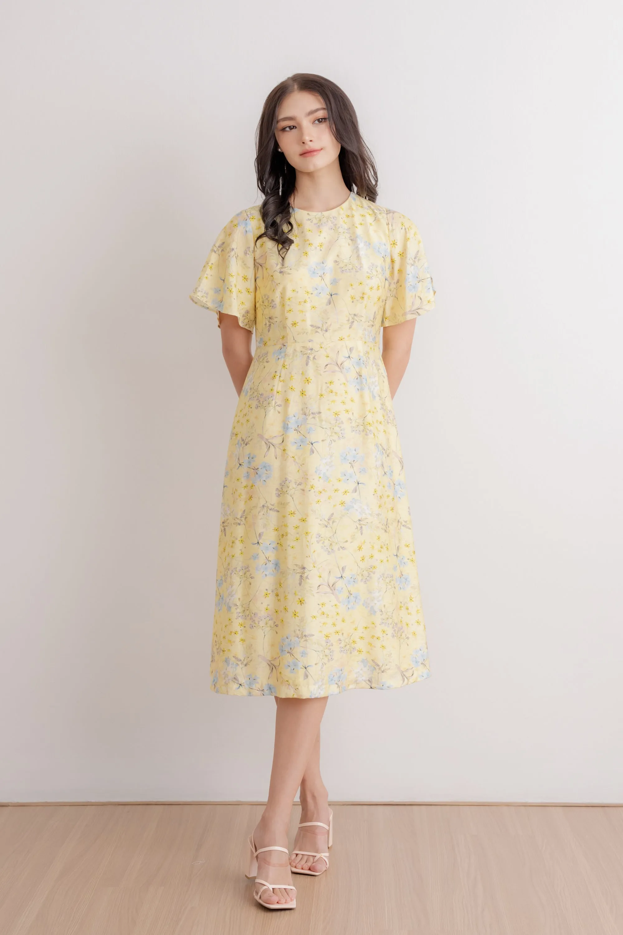 Flutter Sleeve Midi Flare Dress - Yellow Blossom