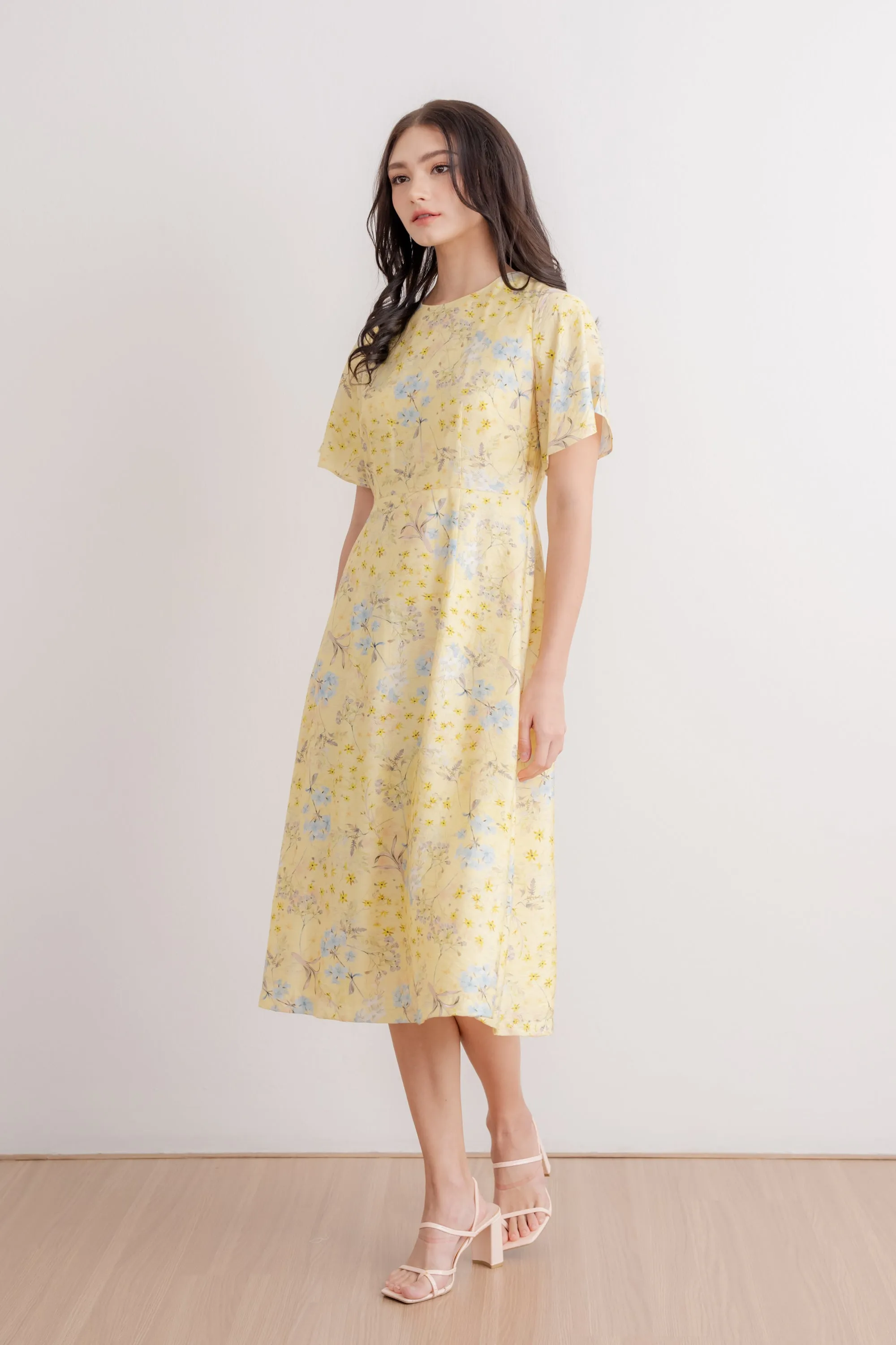 Flutter Sleeve Midi Flare Dress - Yellow Blossom