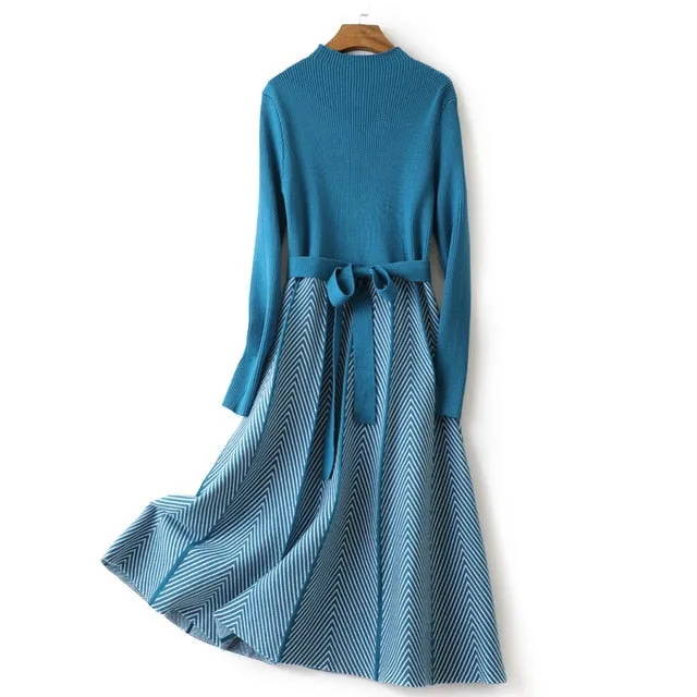 GIGOGOU Luxury Jacquard Long Knit Women Maxi Sweater Dress Turtleneck A Line Party Midi Dress Vestidos