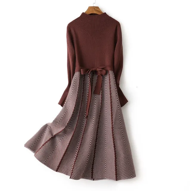 GIGOGOU Luxury Jacquard Long Knit Women Maxi Sweater Dress Turtleneck A Line Party Midi Dress Vestidos