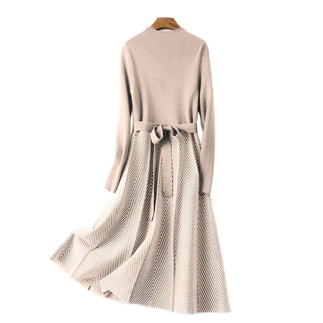 GIGOGOU Luxury Jacquard Long Knit Women Maxi Sweater Dress Turtleneck A Line Party Midi Dress Vestidos