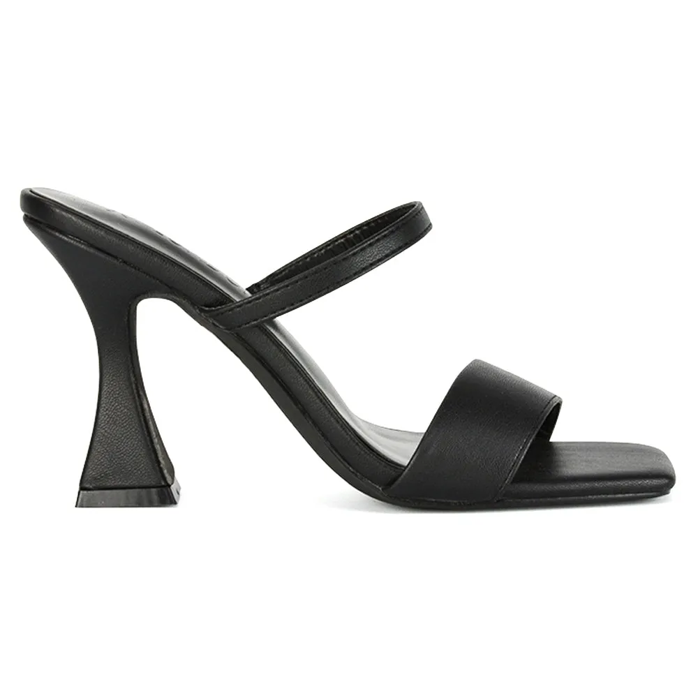 Haven Double Strap Square Toe Sculptured Heel Mule in Black Synthetic Leather