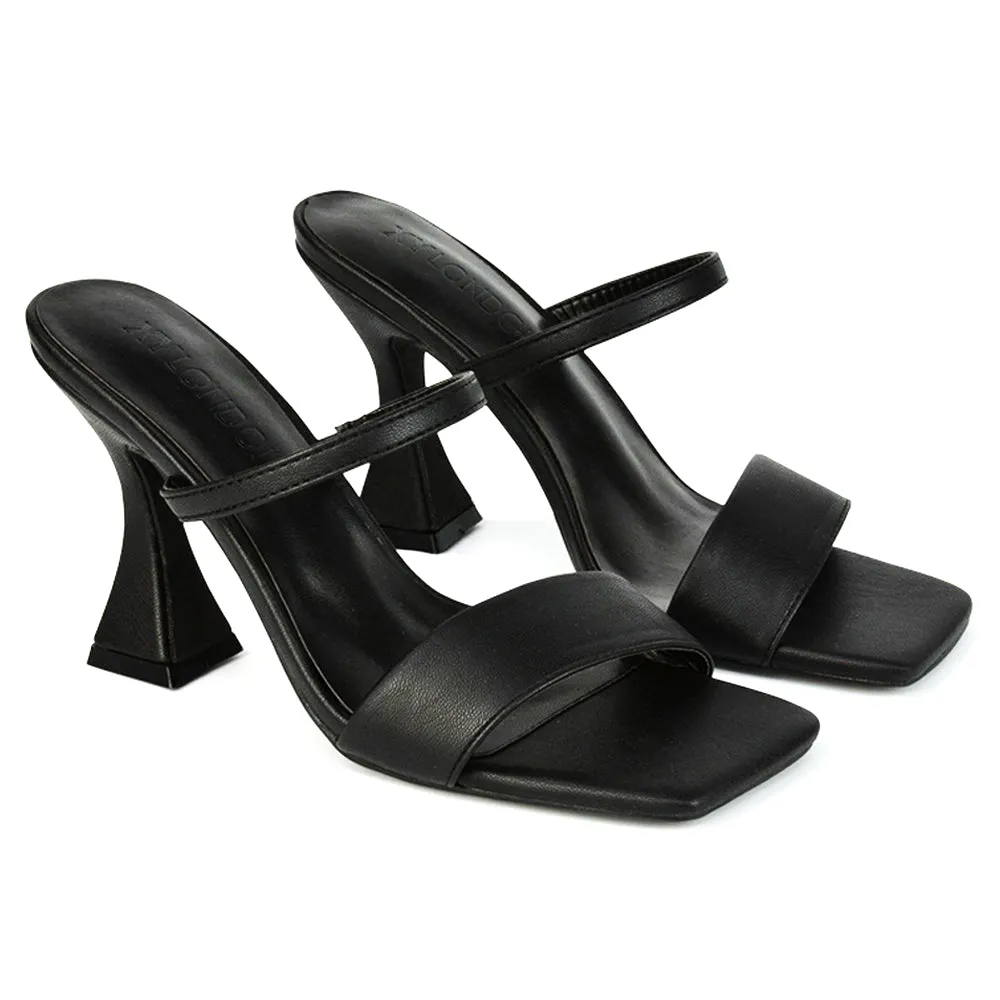 Haven Double Strap Square Toe Sculptured Heel Mule in Black Synthetic Leather