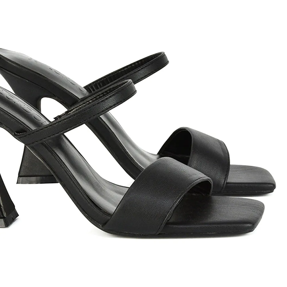 Haven Double Strap Square Toe Sculptured Heel Mule in Black Synthetic Leather
