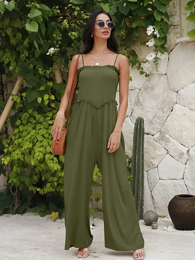 Island Beach Style Khaki Loose Fit Smocked Wide Leg Jumpsuit