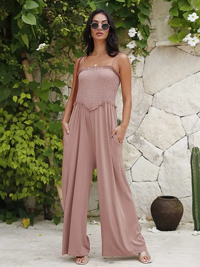 Island Beach Style Khaki Loose Fit Smocked Wide Leg Jumpsuit