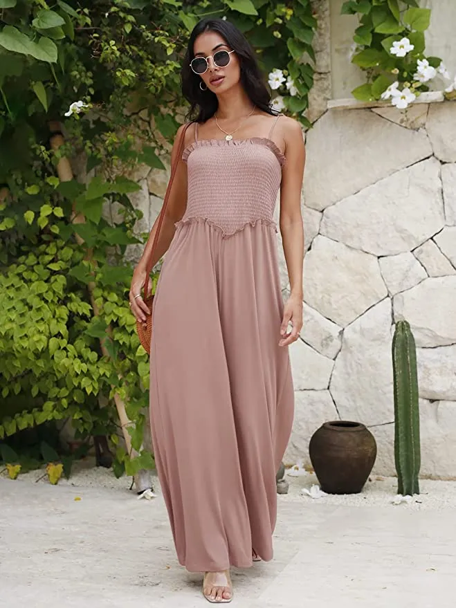 Island Beach Style Khaki Loose Fit Smocked Wide Leg Jumpsuit