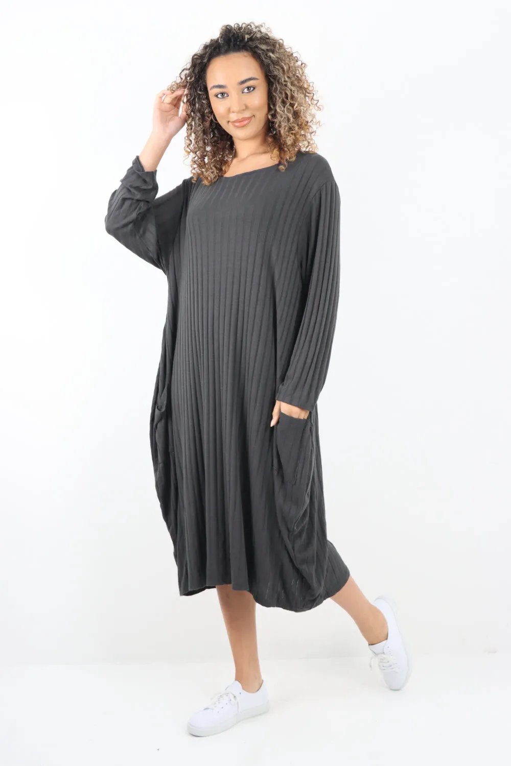 Italian Oversized Ribbed Soft Knit Long Sleeve Dress