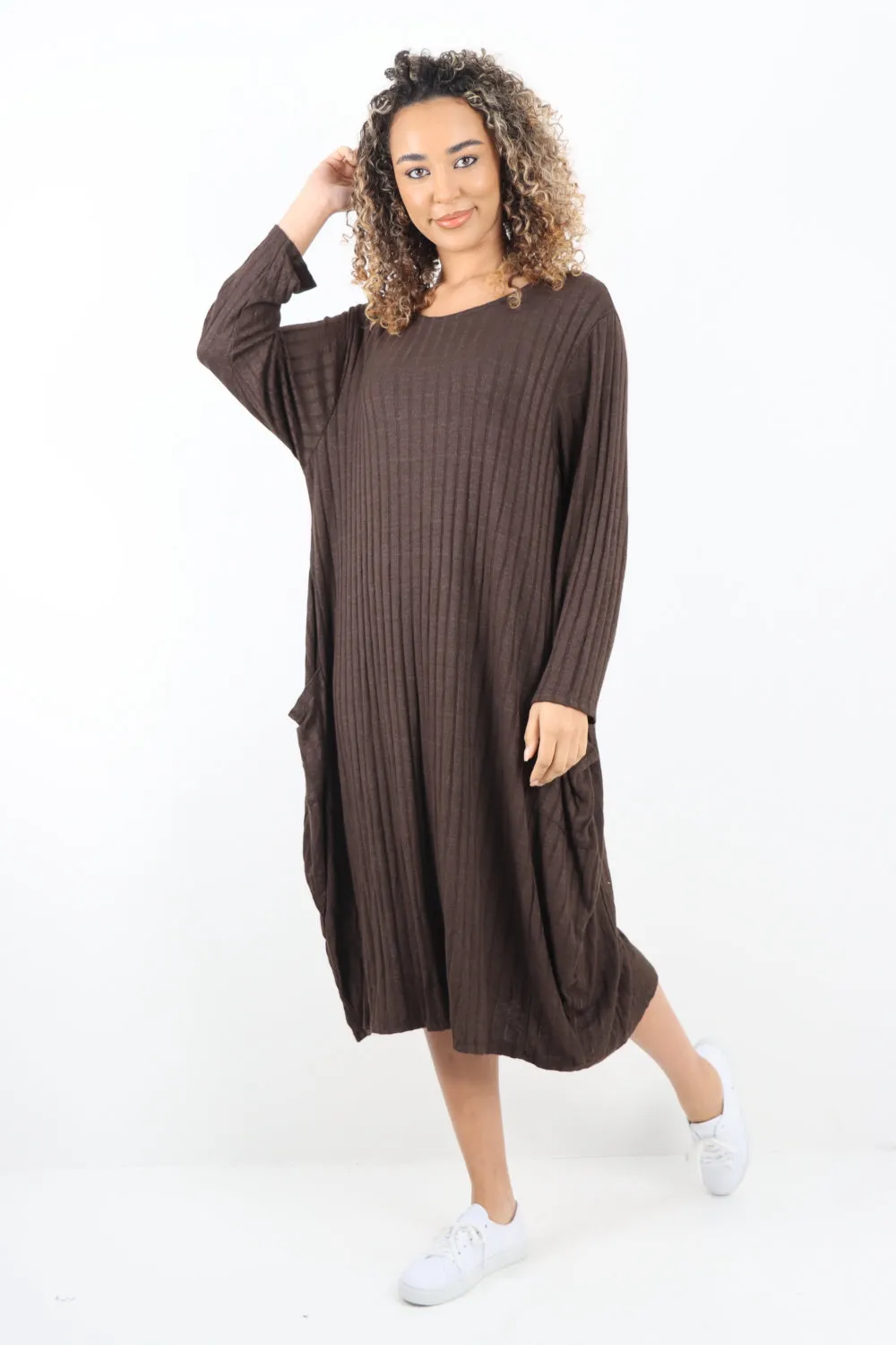 Italian Oversized Ribbed Soft Knit Long Sleeve Dress