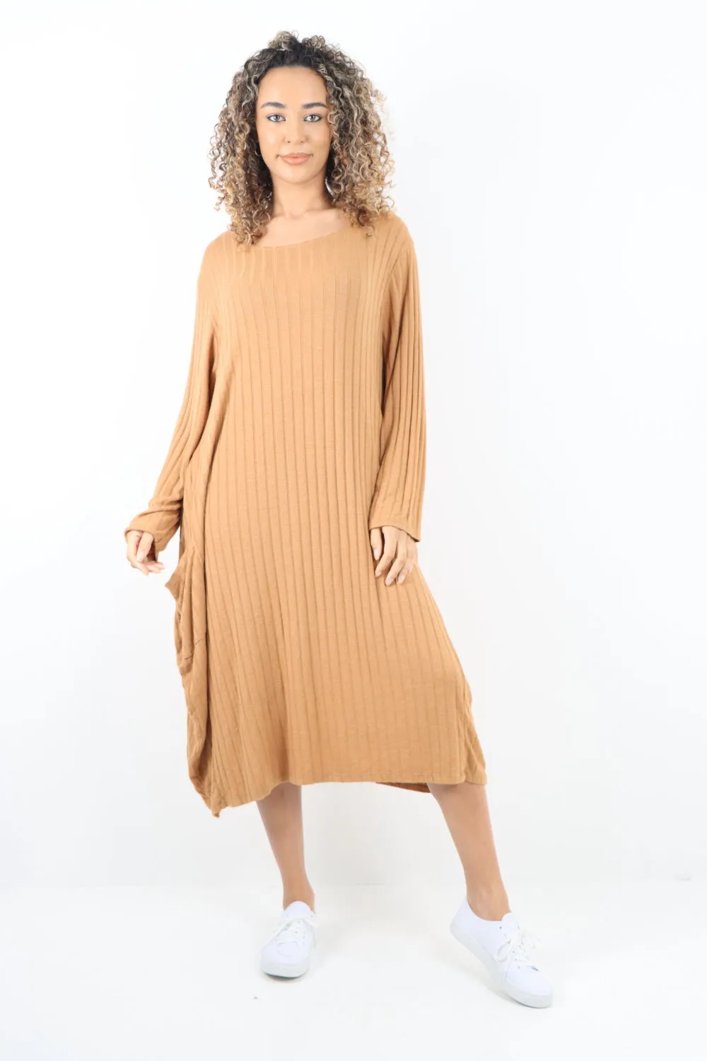 Italian Oversized Ribbed Soft Knit Long Sleeve Dress