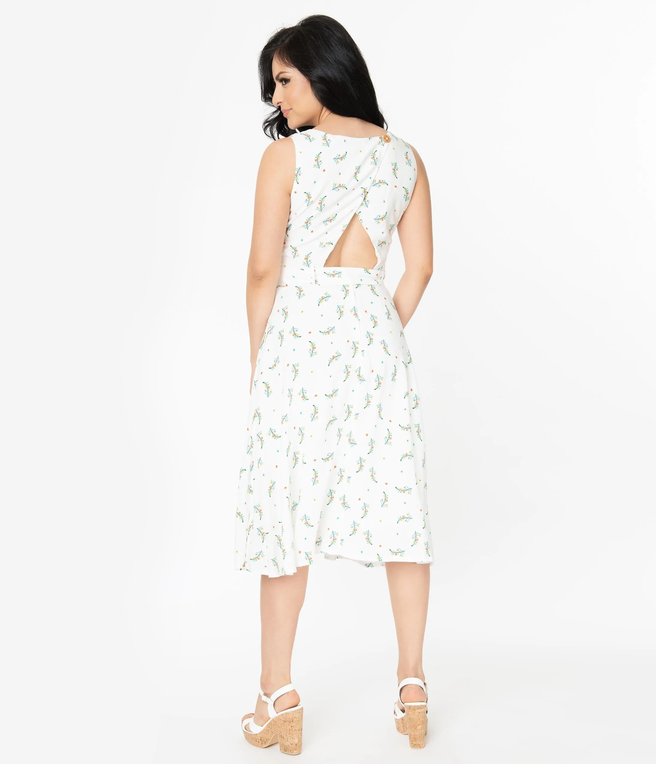 Ivory Floral Sleeveless Belted Dress