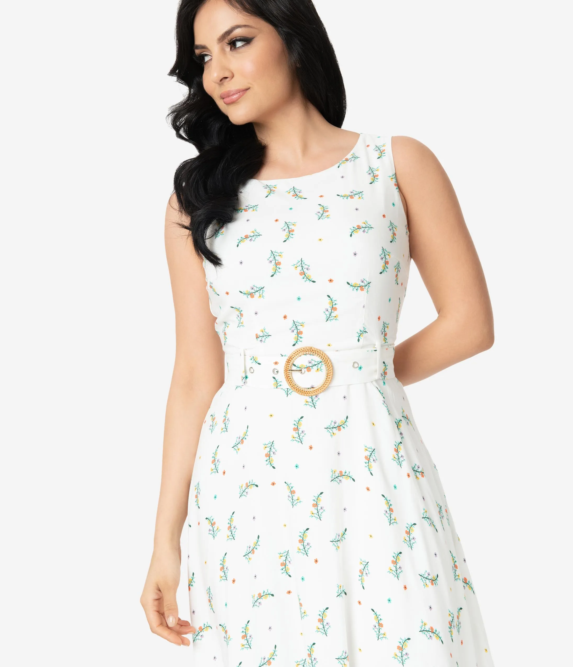 Ivory Floral Sleeveless Belted Dress