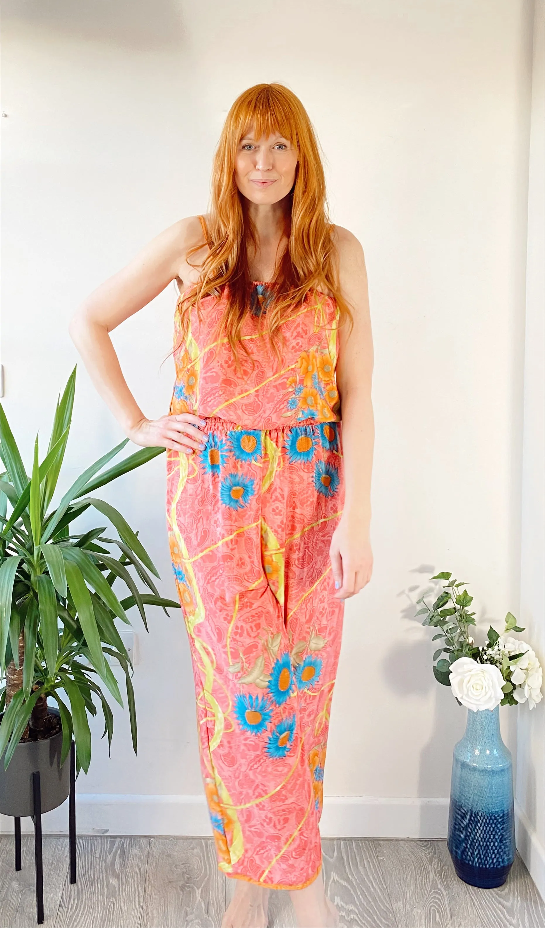 Layla pink floral-print silk jumpsuit free-size UK 8-14