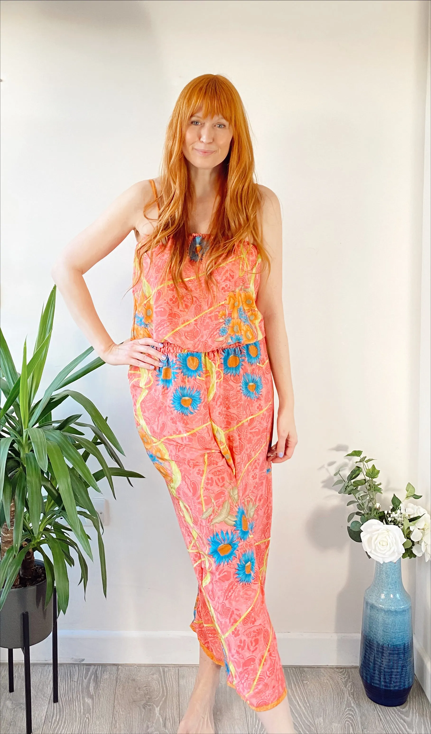 Layla pink floral-print silk jumpsuit free-size UK 8-14