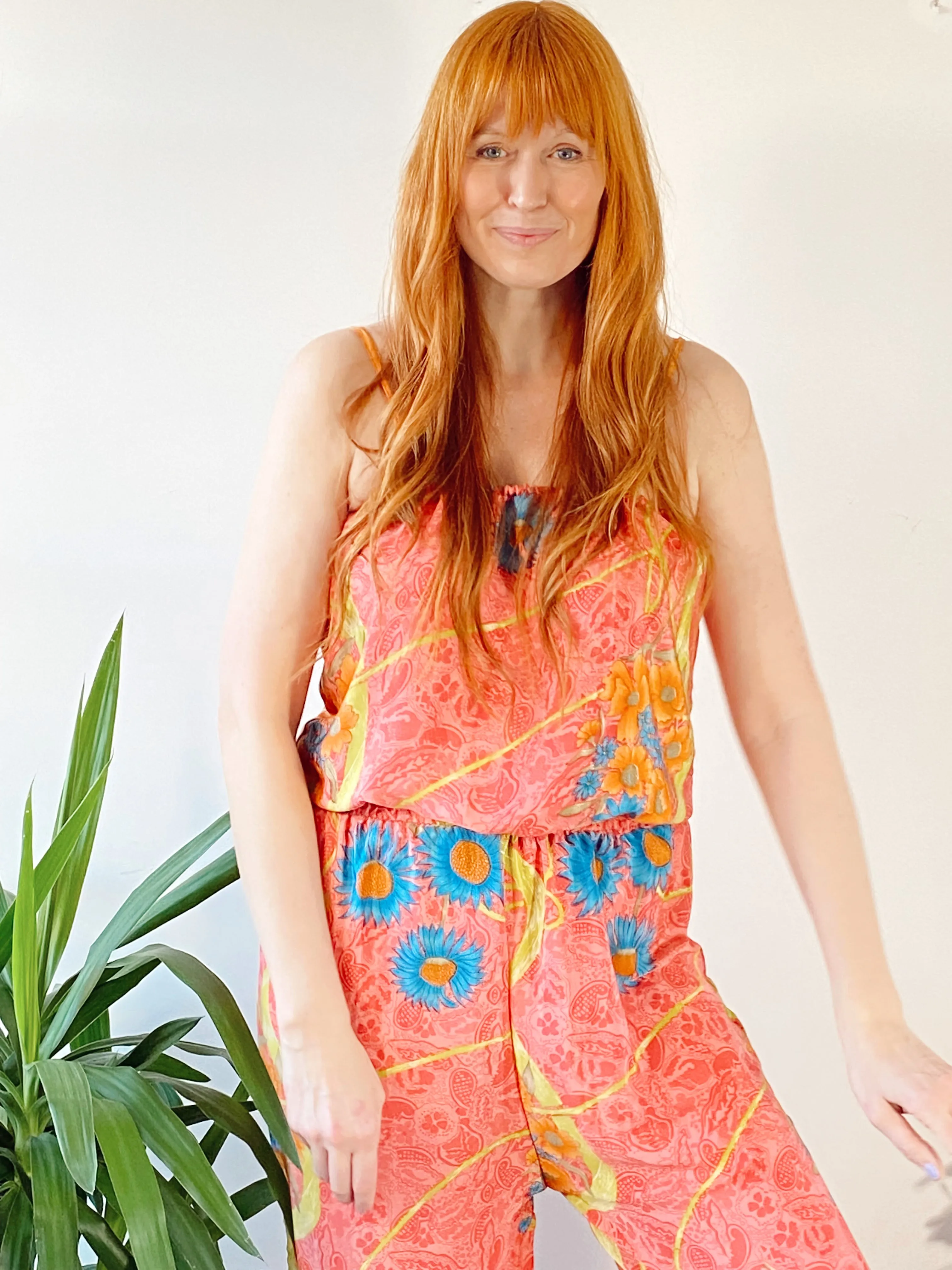 Layla pink floral-print silk jumpsuit free-size UK 8-14