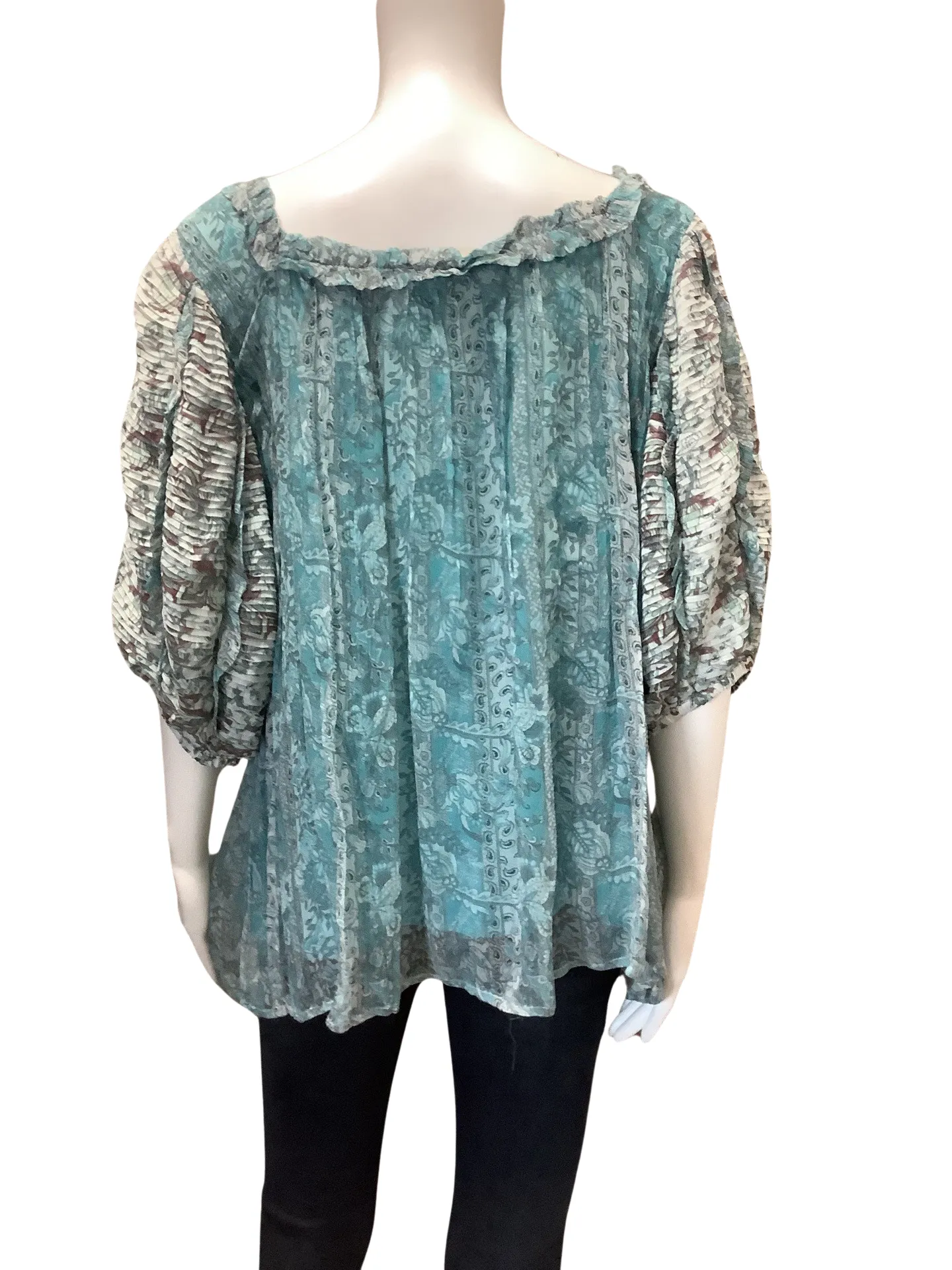 Letmebe Women's Top Teal Print Sheer Lined Size: XL