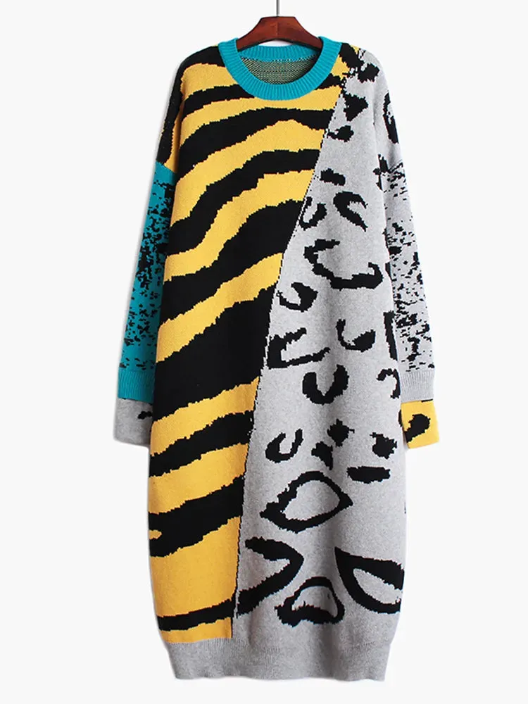 Loose Fit Leopard Print Knit Dress