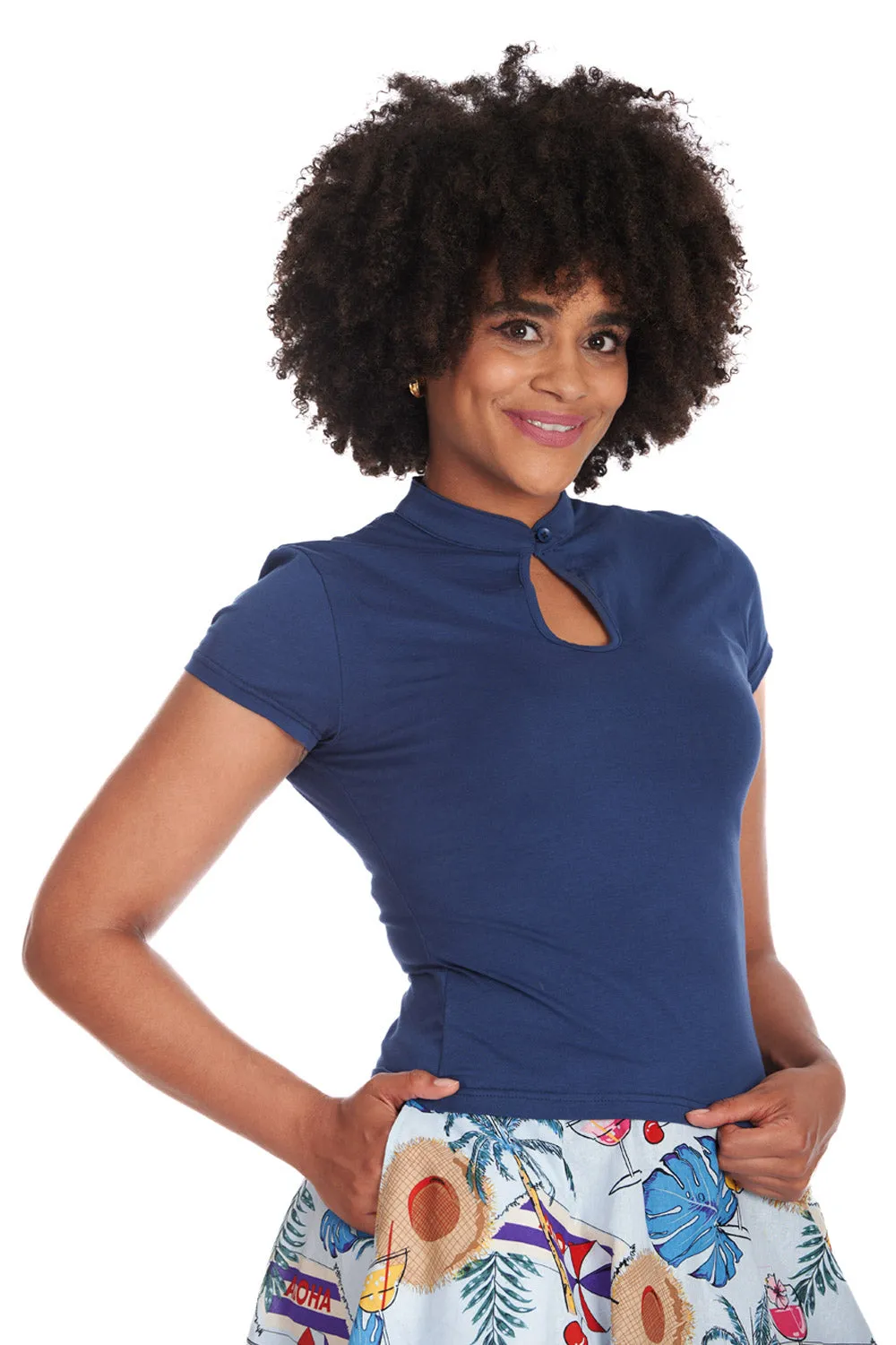 Mandarin Collar Top in Navy by Banned