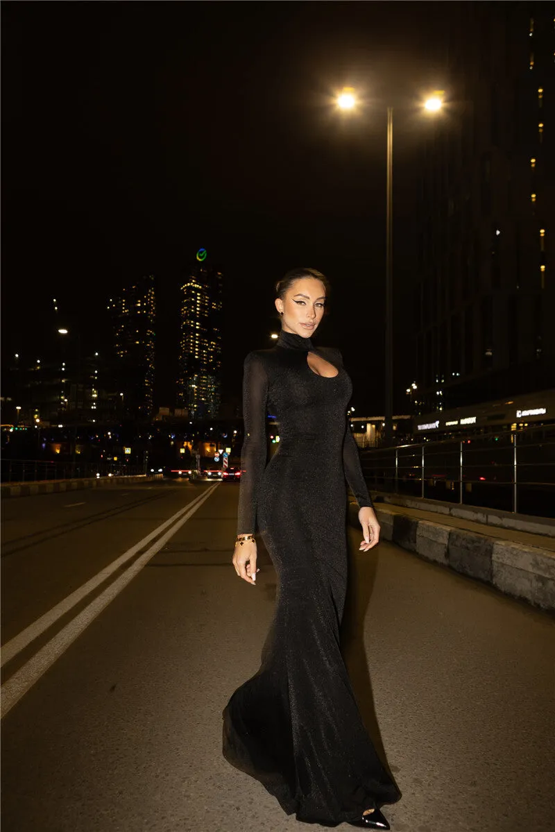 Marion Hollow Out Turtleneck Long Sleeve Sexy Maxi Dress