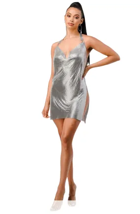 Maryha Double Slit Silver Sequin Mini Dress
