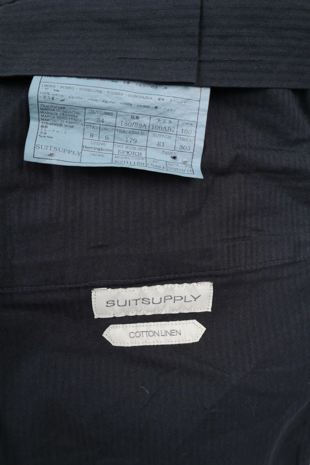 Men's SUITSUPPLY Navy Blue Cotton Linen Chino Pants Casual Trousers Size 50 / 34