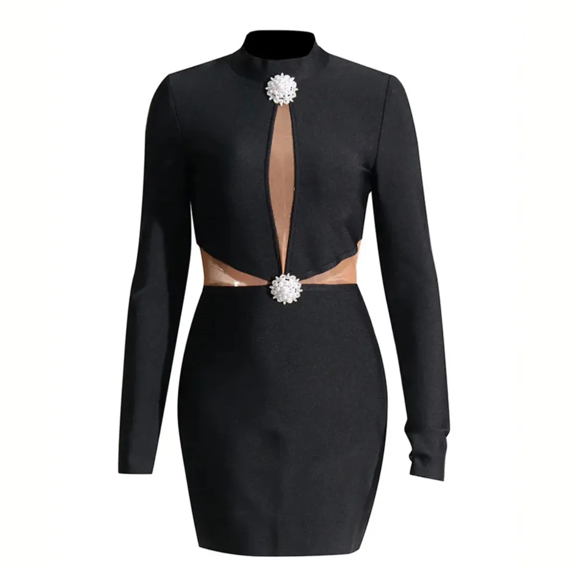 Mesh Spliced Stand Collar Long Sleeve Dress