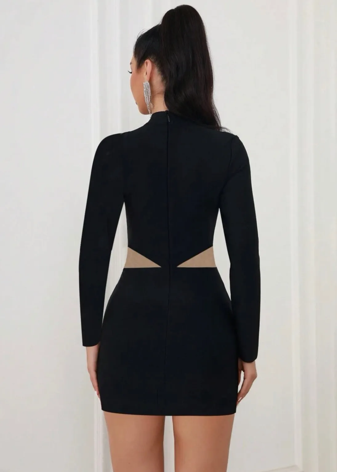 Mesh Spliced Stand Collar Long Sleeve Dress