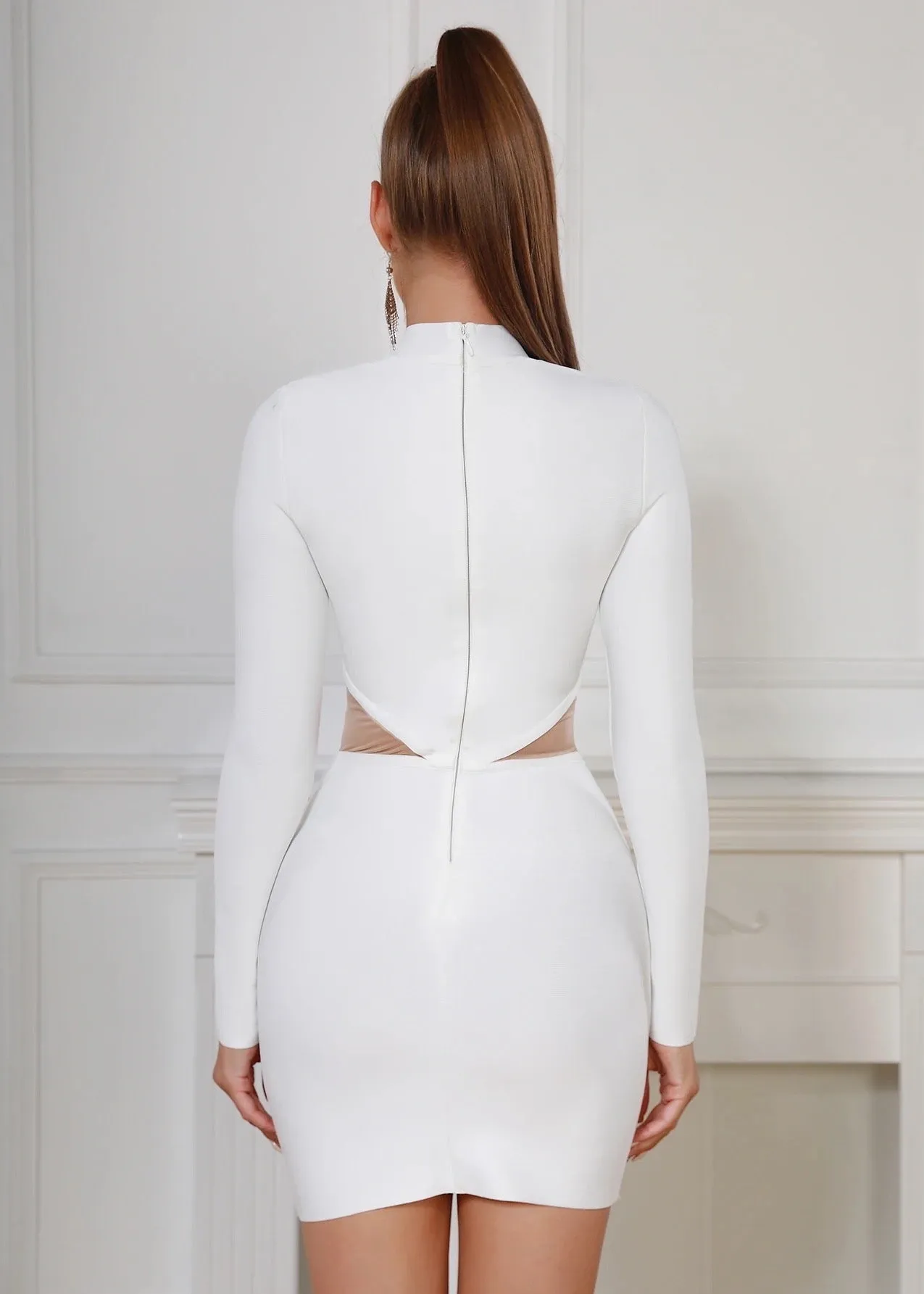 Mesh Spliced Stand Collar Long Sleeve Dress