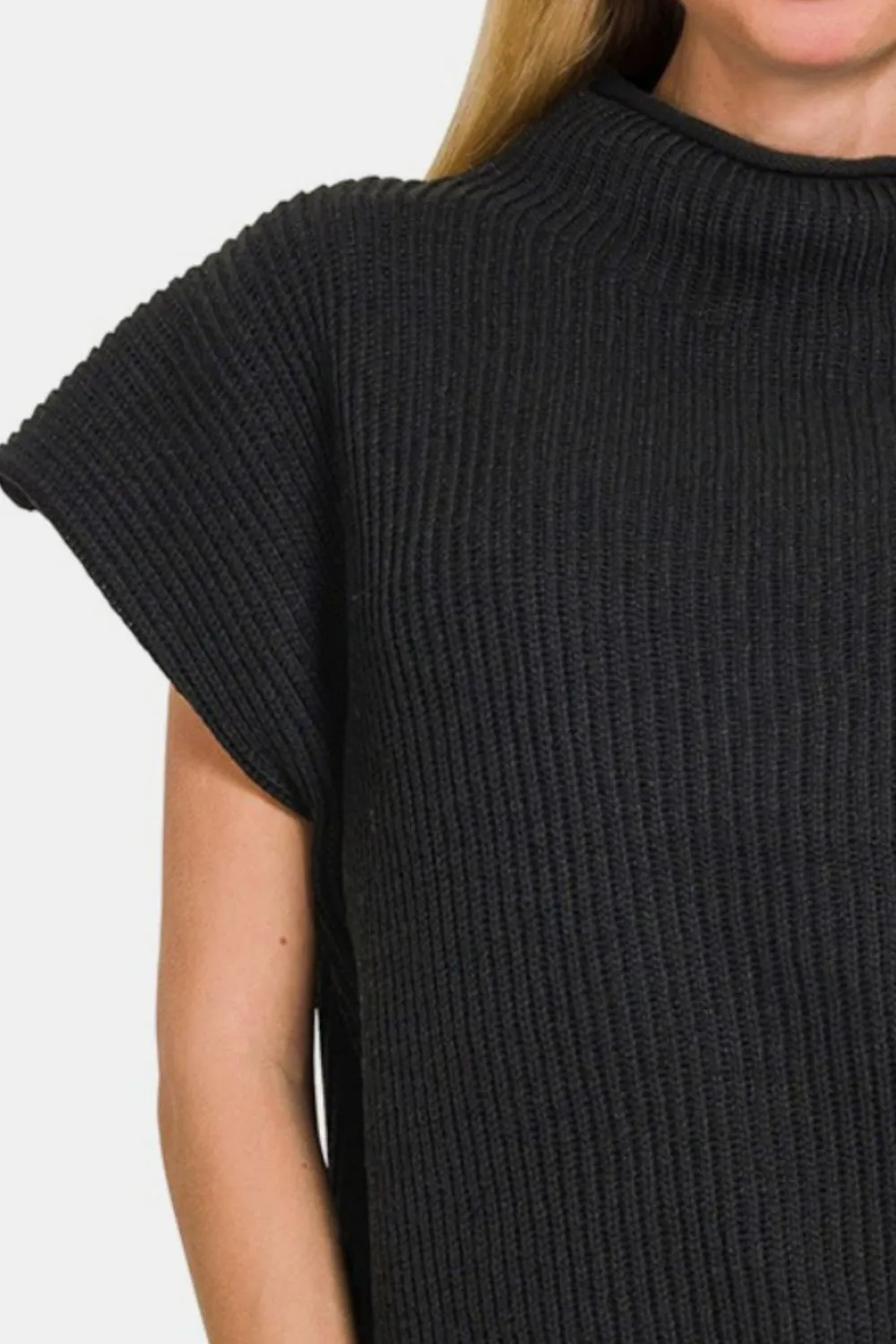 Minimalist Short Sleeve Mock Neck Sweater Top in Black