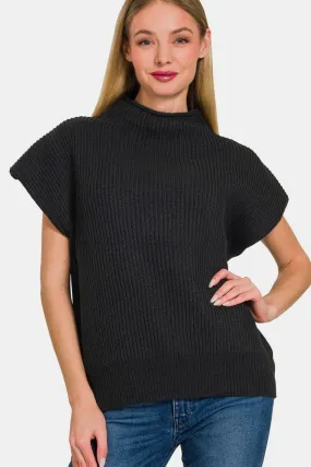 Minimalist Short Sleeve Mock Neck Sweater Top in Black
