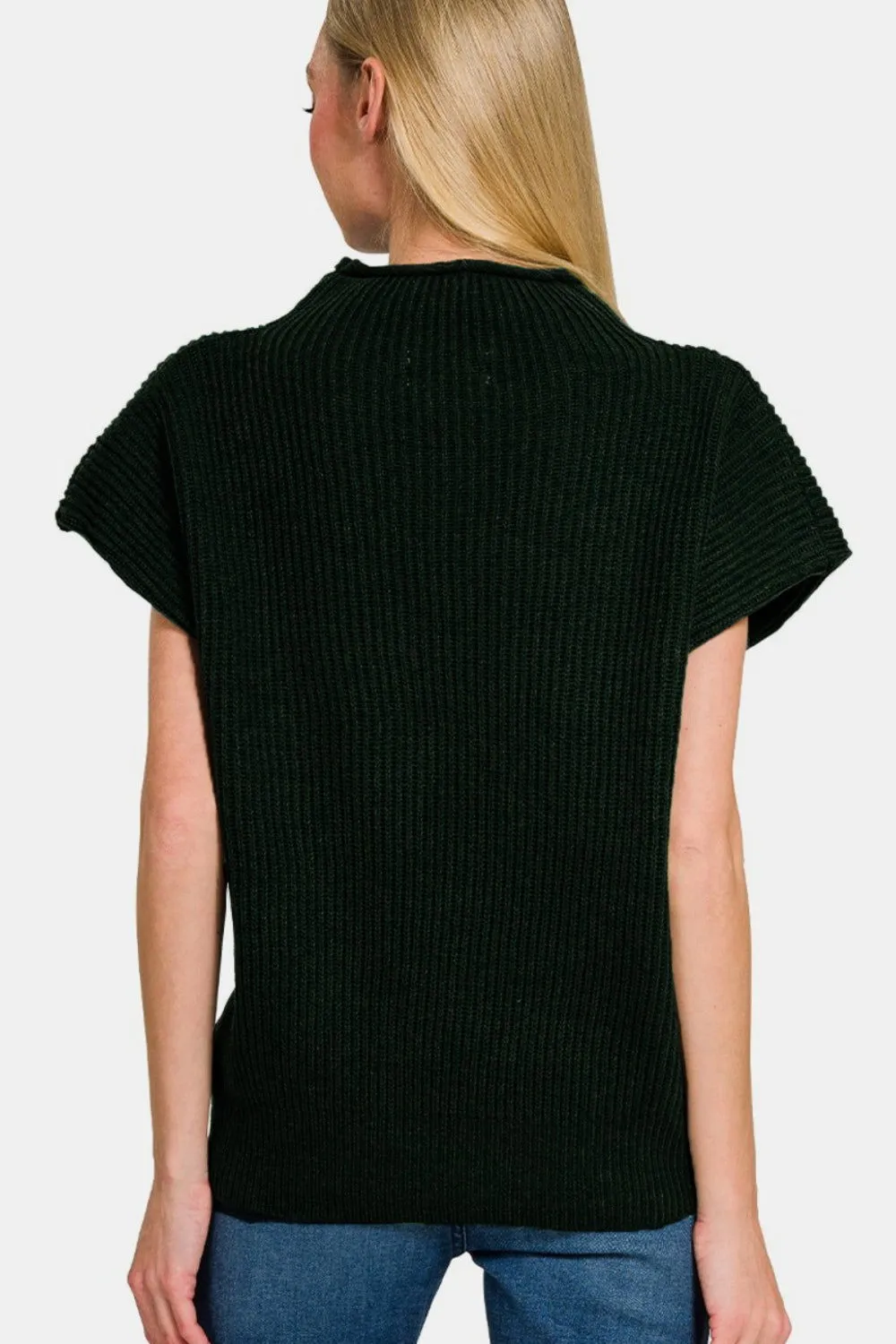 Minimalist Short Sleeve Mock Neck Sweater Top in Black