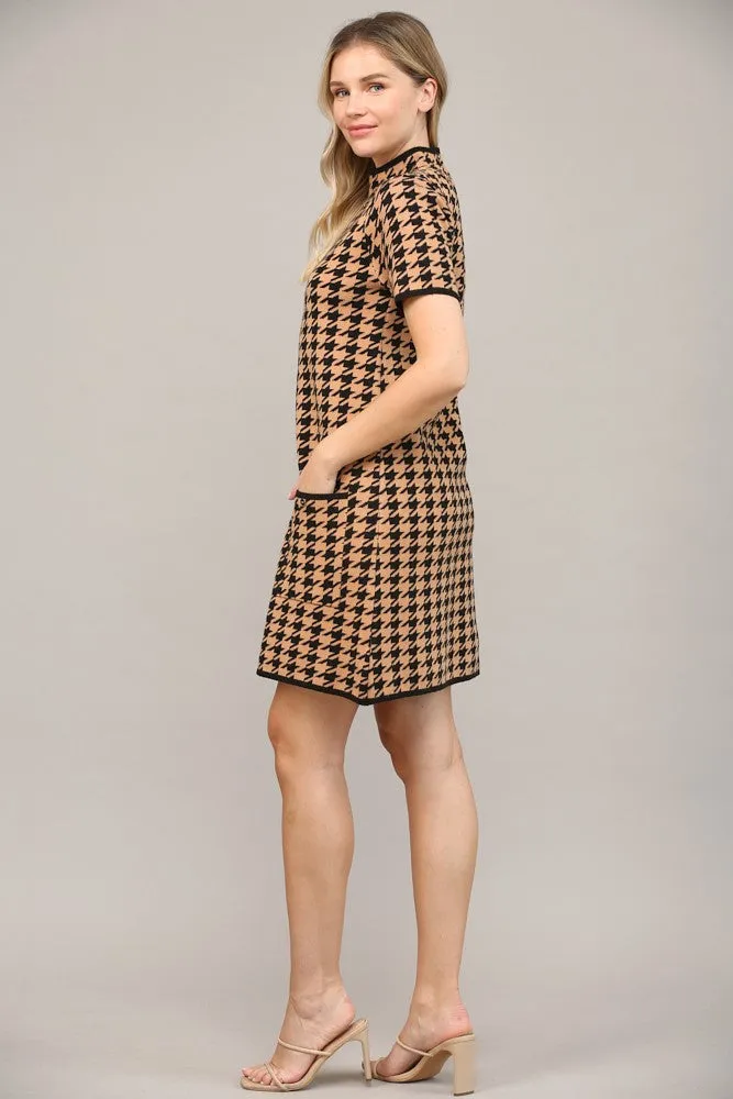 mock neck houndstooth short sleeve sweater dress