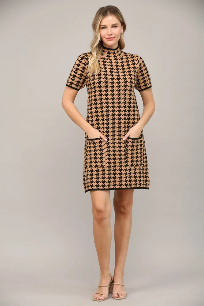 mock neck houndstooth short sleeve sweater dress