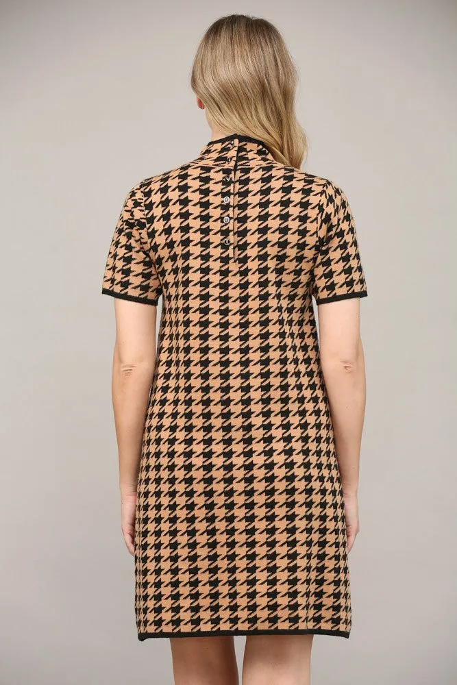 mock neck houndstooth short sleeve sweater dress