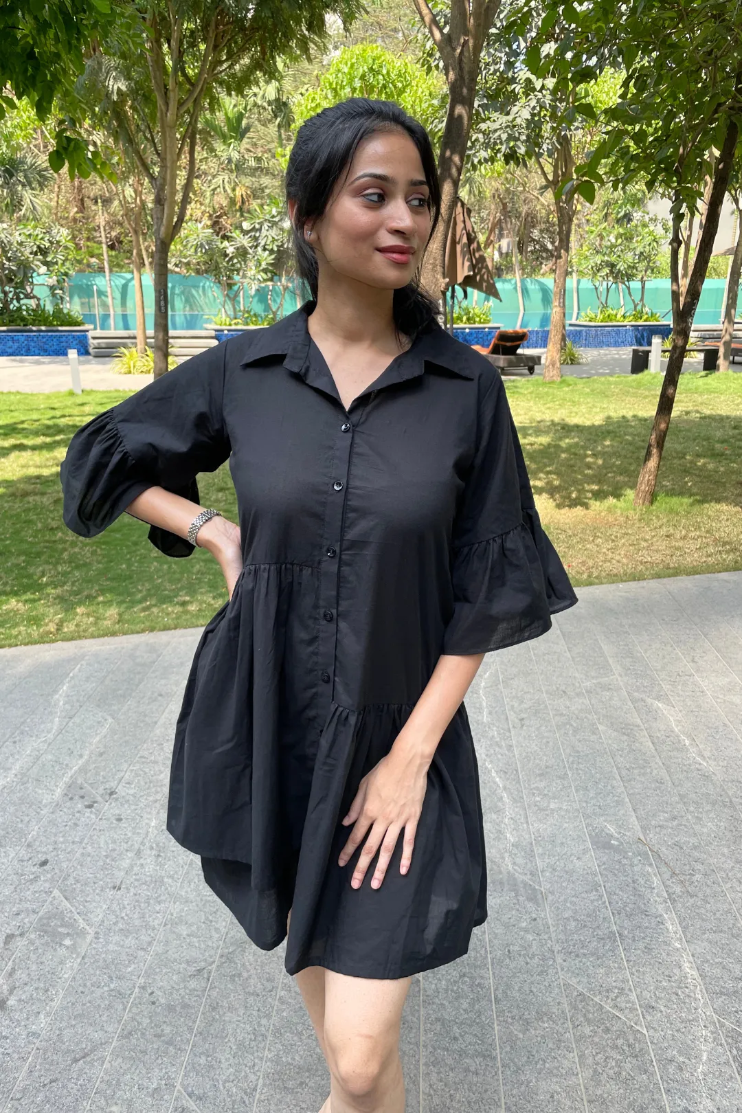 Natalia - Black Mini Shirt Dress With Layered Frilled