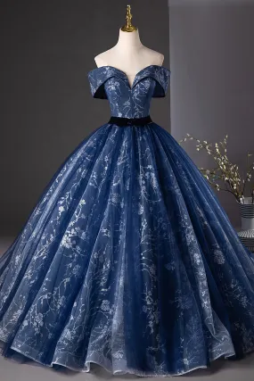 Navy Blue Glitter Printing Tulle Long Prom Dress, Elegant A-Line Party Dress