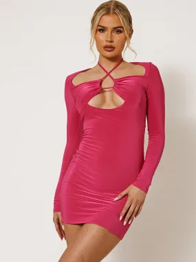 Nitta Criss Cross Neck Slinky Bodycon Dress with Cutout Detail In Fuchsia